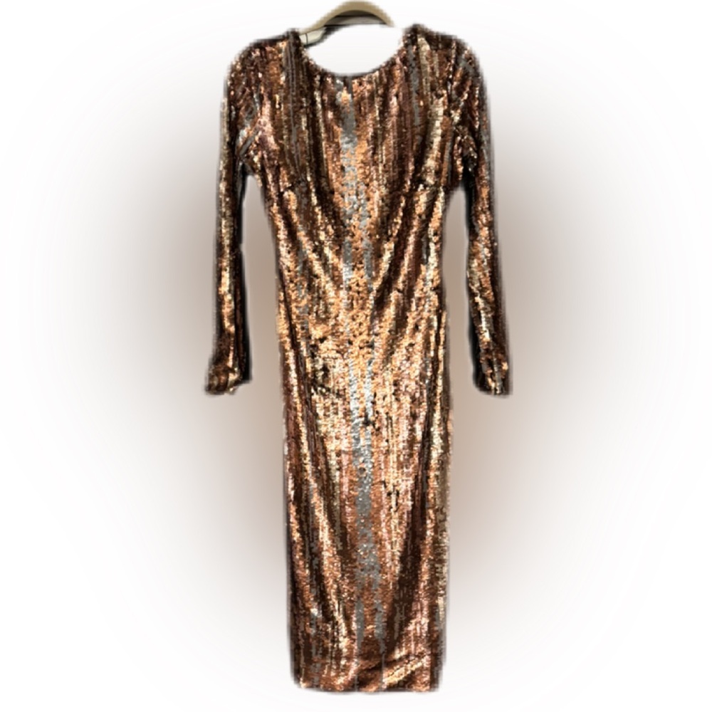 NWT Dress the Population Emery Sequin Midi Dress Matte Bronze Multi Medium - Picture 7 of 14